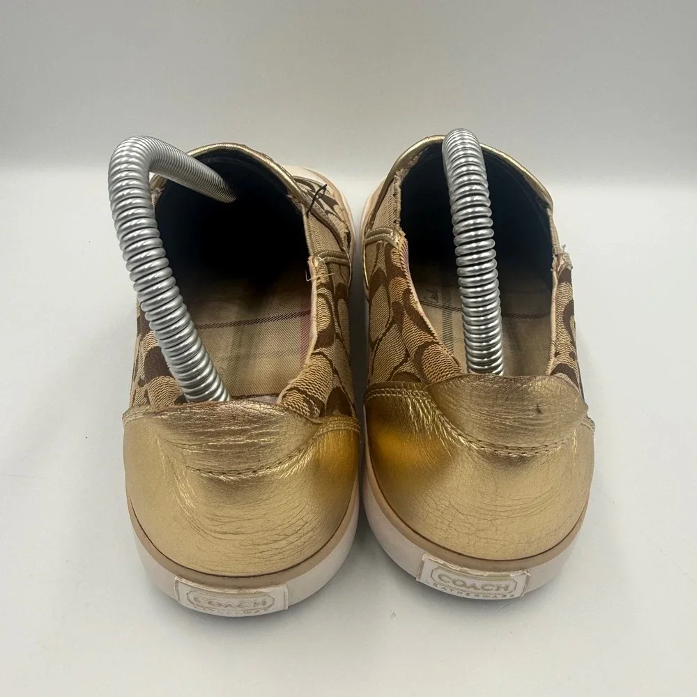 Coach Barrett Womens Size 7 Slip On Sneakers Monogram Canvas Metallic Gold Brown